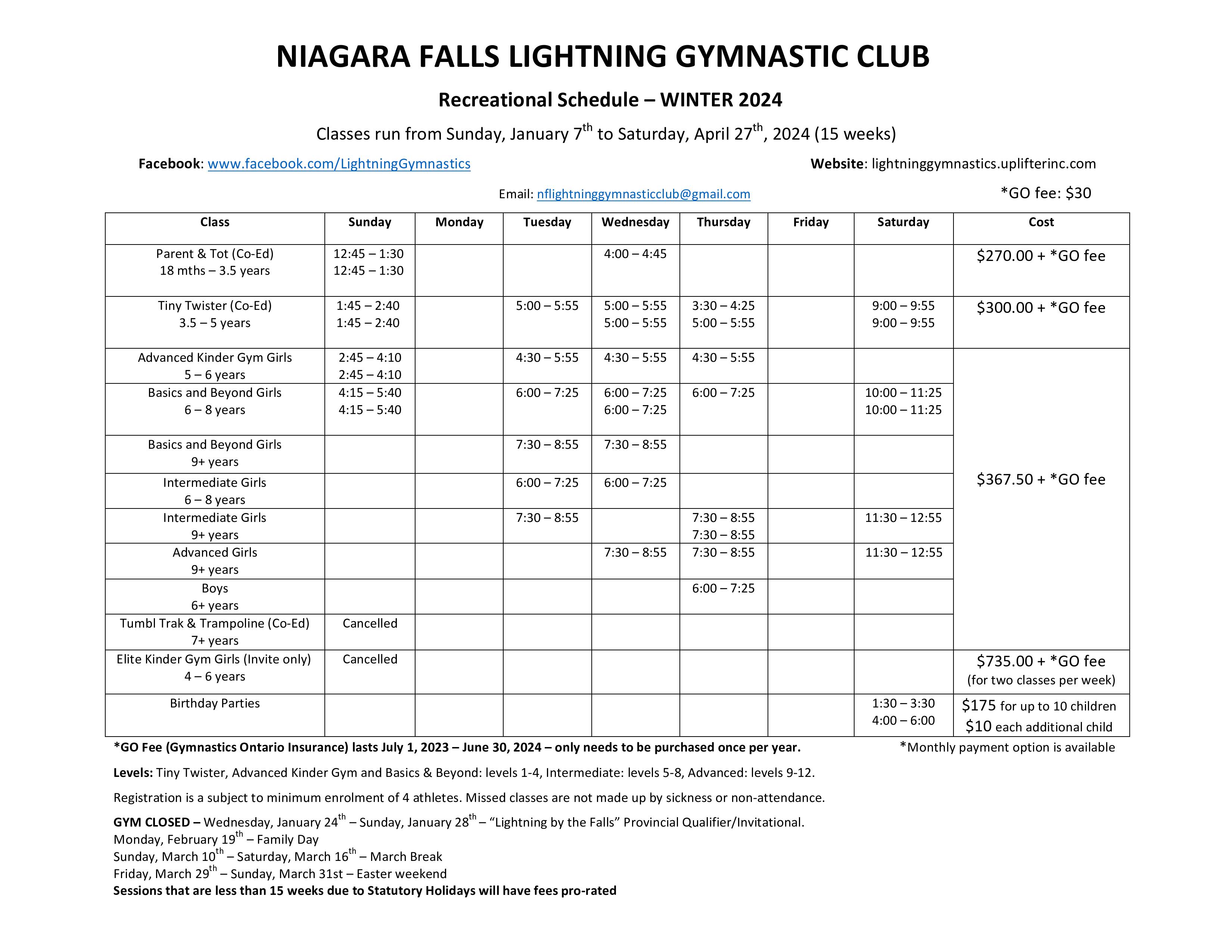 Winter Recreational Schedule 2024 and Registration Niagara Falls
